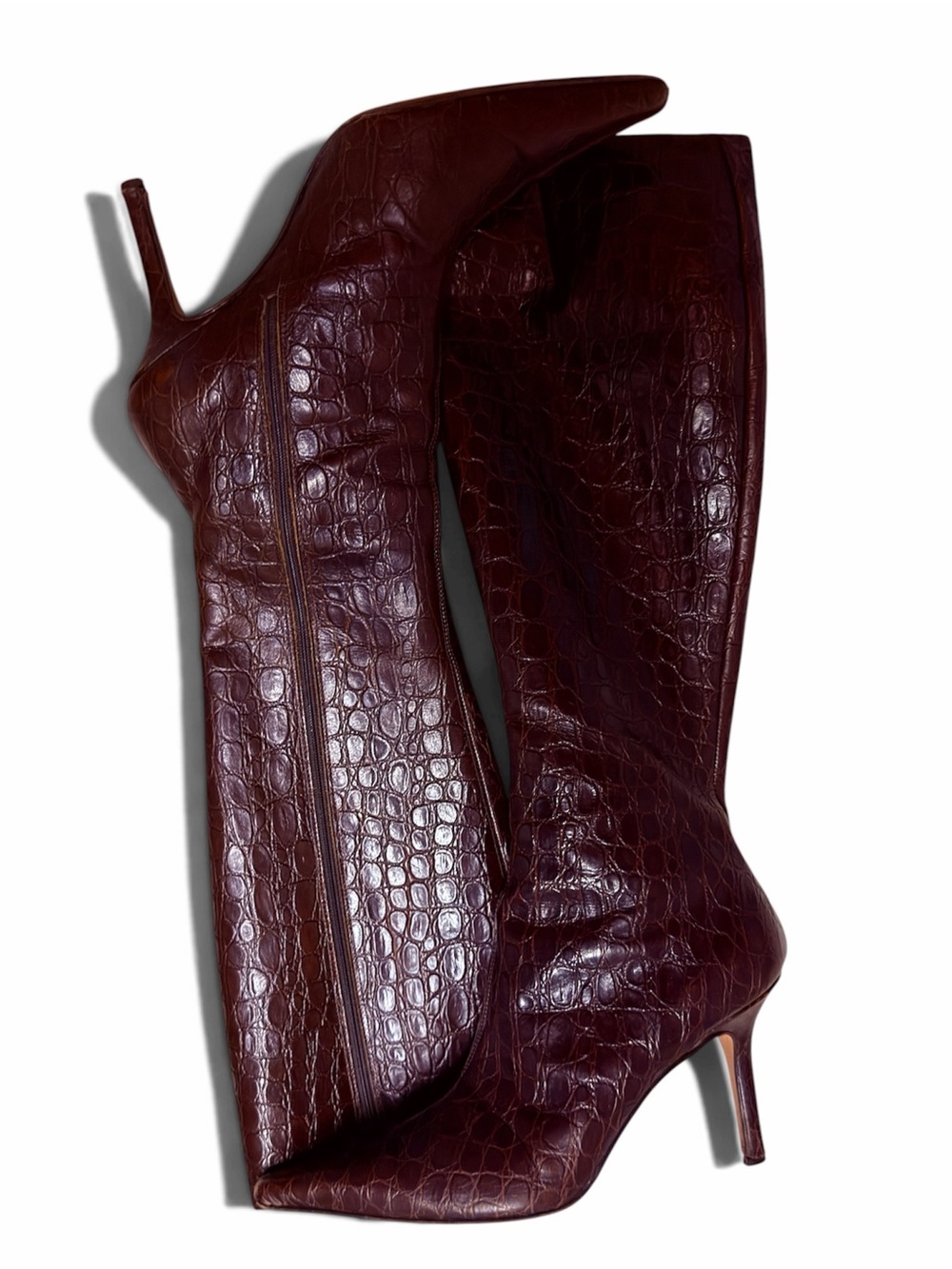 Vintage Ellen Tracy Made Italy Burgundy Croc Embossed Leather Knee High Boots 10 - Picture 5 of 16